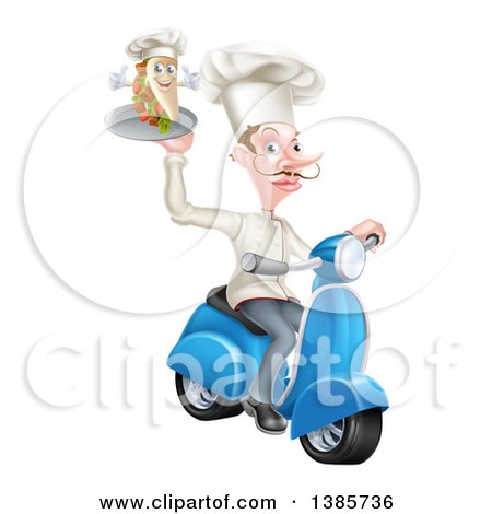 Clipart of a White Male Chef with a Curling Mustache, Holding a Souvlaki Kebab Sandwich on a Scooter - Royalty Free Vector Illustration by AtStockIllustration