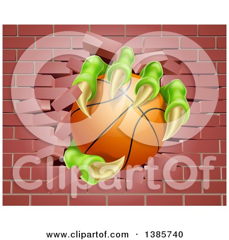 Clipart of Monster Claws Holding a Basketball and Breaking Through a Brick Wall - Royalty Free Vector Illustration by AtStockIllustration