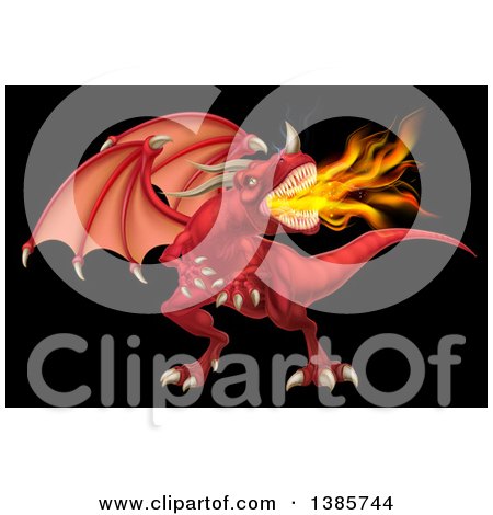 Clipart of a Fierce Angry Red Fire Breathing Dragon with a Horned Nose, on Black - Royalty Free Vector Illustration by AtStockIllustration