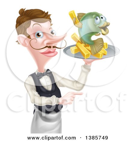 Clipart of a White Male Waiter with a Curling Mustache, Holding Fish and a Chips on a Tray and Pointing - Royalty Free Vector Illustration by AtStockIllustration