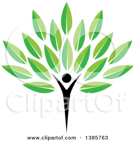 Clipart of a Black Silhouetted Person Forming the Trunk of a Tree with Green Leaves - Royalty Free Vector Illustration by ColorMagic