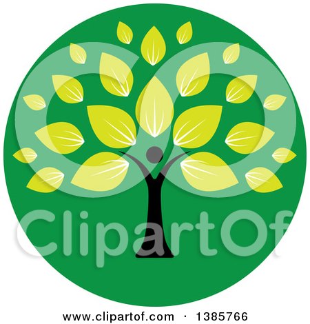 Clipart of a Black Silhouetted Person Forming the Trunk of a Tree with Green Leaves in a Circle - Royalty Free Vector Illustration by ColorMagic