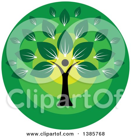 Clipart of a Black Silhouetted Person Forming the Trunk of a Tree with Green Leaves in a Circle - Royalty Free Vector Illustration by ColorMagic