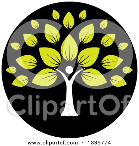 Clipart of a White Silhouetted Person Forming the Trunk of a Tree with Green Leaves in a Black Circle - Royalty Free Vector Illustration by ColorMagic
