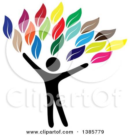 Clipart of a Black Silhouetted Person Forming the Trunk of a Tree with Colorful Leaves - Royalty Free Vector Illustration by ColorMagic
