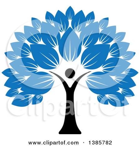 Clipart of a Black Silhouetted Person Forming the Trunk of a Tree with Blue Leaves - Royalty Free Vector Illustration by ColorMagic