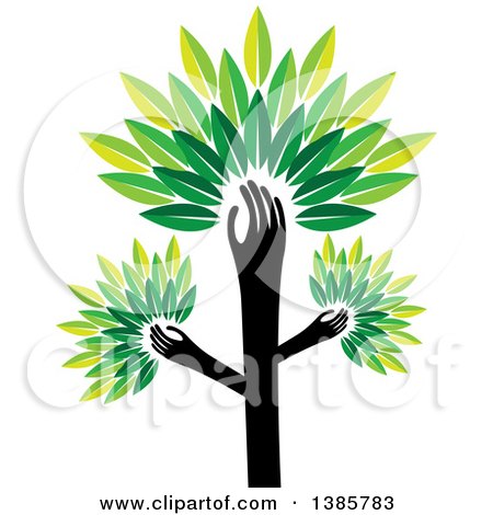 Clipart of a Black Silhouetted Hand Forming the Trunk of a Tree with Green Leaves and Smaller Hands - Royalty Free Vector Illustration by ColorMagic
