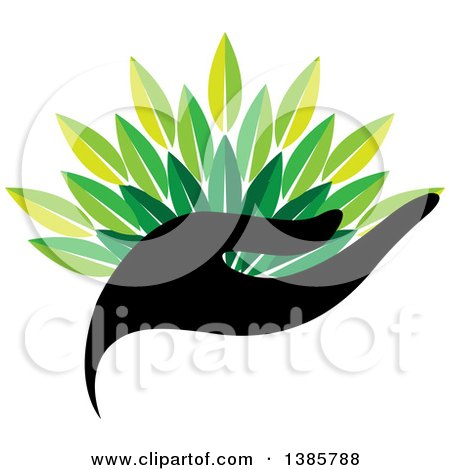 Clipart of a Black Silhouetted Hand Holding Green Leaves - Royalty Free Vector Illustration by ColorMagic