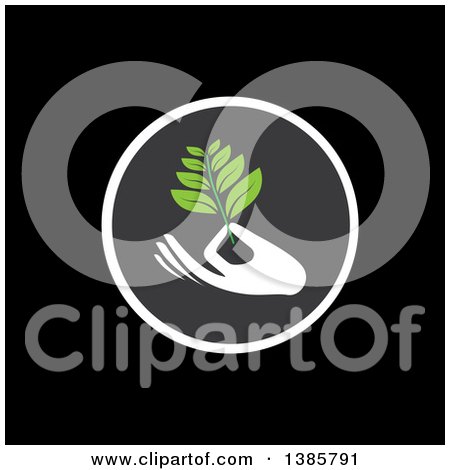 Clipart of a White Silhouetted Hand Holding a Branch with Green Leaves in a Circle over Black - Royalty Free Vector Illustration by ColorMagic