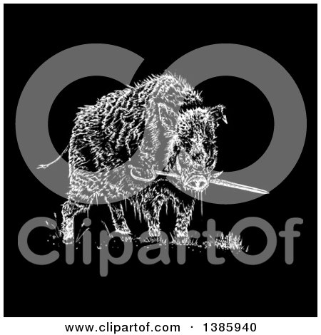 Clipart of a Black and White Wild Boar Pig Biting a Sword on Black - Royalty Free Vector Illustration by lineartestpilot
