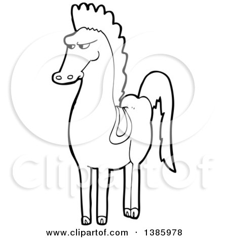 Clipart of a Cartoon Black and White Lineart Horse - Royalty Free