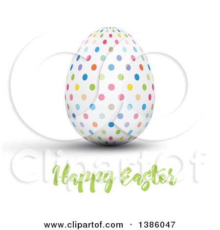 Clipart of a Happy Easter Greeting Under a 3d Colorful Polka Dot Egg, on White - Royalty Free Vector Illustration by KJ Pargeter