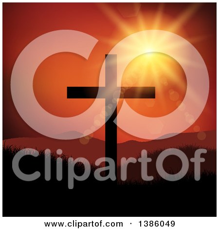 Clipart of a Deep Orange Sunset Silhouetted an Easter Friday Cross and Mountains - Royalty Free Vector Illustration by KJ Pargeter