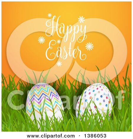 Clipart of a Happy Easter Greeting over Patterned Eggs in Grass, on Orange - Royalty Free Vector Illustration by KJ Pargeter