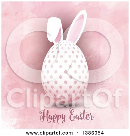 Clipart of a Happy Easter Greeting Under a Polka Dot Egg with Bunny Ears on Pink Watercolor - Royalty Free Vector Illustration by KJ Pargeter