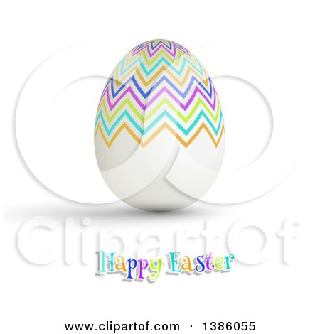 Clipart of a Happy Easter Greeting with a 3d Colorful Zig Zag Patterned Egg, on White - Royalty Free Vector Illustration by KJ Pargeter