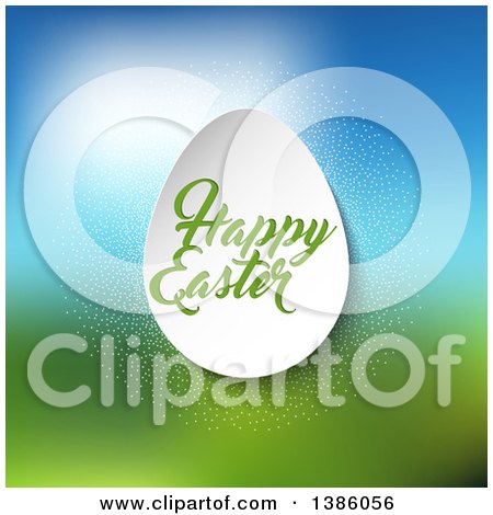 Clipart of a Happy Easter Greeting on a 3d Paper Egg over Blurred Grass and Sky - Royalty Free Vector Illustration by KJ Pargeter
