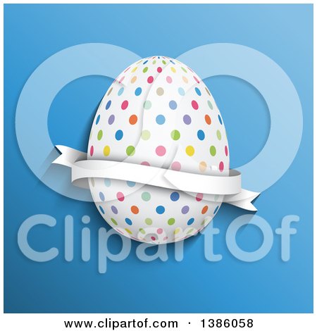 Clipart of a 3d Colorful Polka Dot Easter Egg with a Ribbon Banner on Blue - Royalty Free Vector Illustration by KJ Pargeter