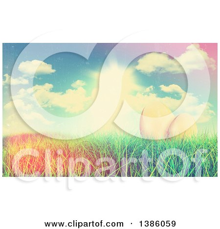 Clipart of a 3d Gold Easter Eggs in Grass Under a Sunny Spring Sky, with a Retro Filter - Royalty Free Illustration by KJ Pargeter