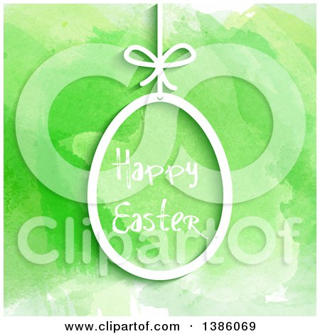 Clipart of a Happy Easter Greeting in a Suspended Egg over Green Watercolor - Royalty Free Vector Illustration by KJ Pargeter