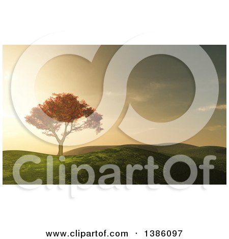 Clipart of a 3d Autumn Maple Tree in a Hilly Grassy Landscape at Sunset - Royalty Free Illustration by KJ Pargeter