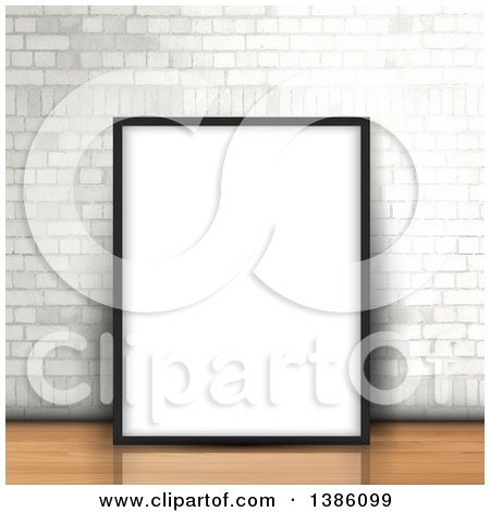Clipart of a Blank Frame Leaning Against a White Brick Wall on a Wood Floor - Royalty Free Vector Illustration by KJ Pargeter
