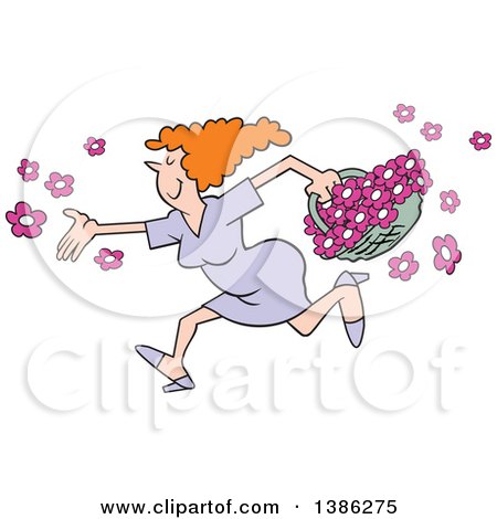 Clipart of a Happy Red Haired Caucasian Matronly Maiden Woman Tossing up Flowers - Royalty Free Vector Illustration by Johnny Sajem