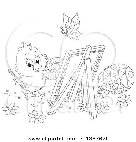 Clipart of a Black and White Lineart Cute Chick Painting Easter Eggs on Canvas - Royalty Free Vector Illustration by Alex Bannykh
