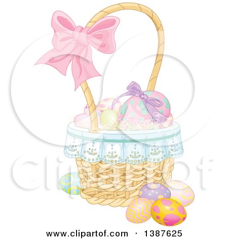 Clipart of a Basket of Easter Eggs with a Bow on the Handle - Royalty Free Vector Illustration by Pushkin