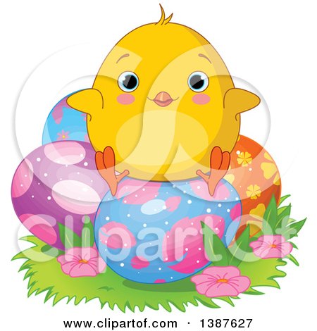 Clipart of a Yellow Chick Sitting on Patterned Easter Eggs - Royalty Free Vector Illustration by Pushkin