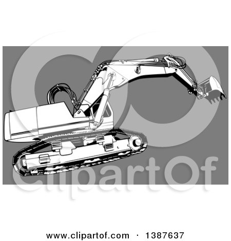 Clipart of a Black and White Earth Mover Tractor on Gray - Royalty Free Vector Illustration by dero