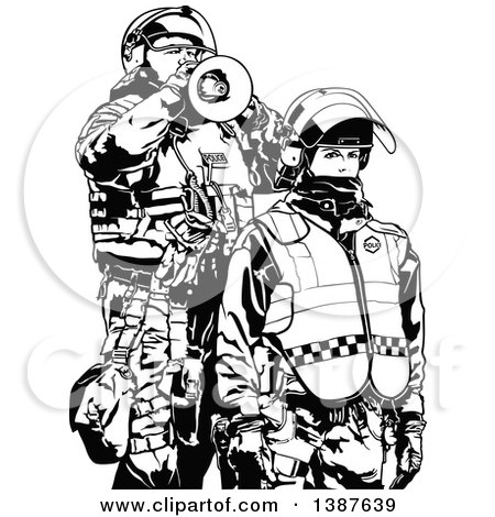 Clipart of Black and White Riot Police Officers in Protective Gear, One Using a Megaphone - Royalty Free Vector Illustration by dero