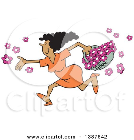 Clipart of a Happy Black Matronly Maiden Woman Tossing up Flowers - Royalty Free Vector Illustration by Johnny Sajem