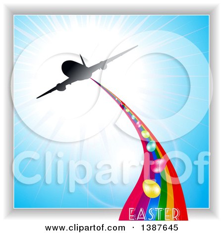Clipart of a Silhouetted Airplane Flying Against a Sunny Blue Sky, with a Trail of Easter Eggs, Text and a Rainbow - Royalty Free Vector Illustration by elaineitalia