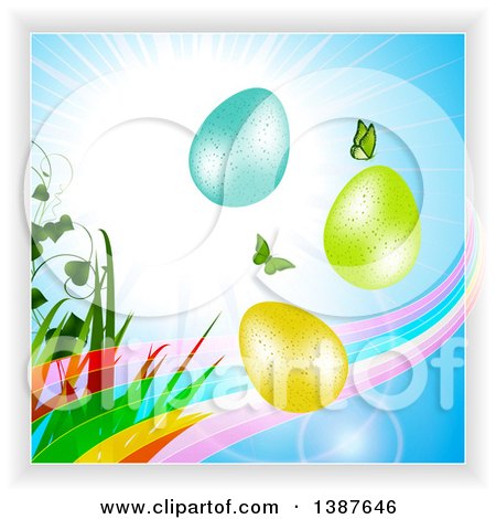 Clipart of a Sunny Blue Sky with Butterflies, a Transparent Rainbow Wave, Plants and 3d Easter Eggs - Royalty Free Vector Illustration by elaineitalia