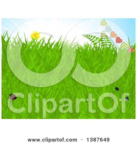 Clipart of a Background of Spring Grass, Sunny Blue Sky, Flowers and a Heart Bunting Banner - Royalty Free Vector Illustration by elaineitalia