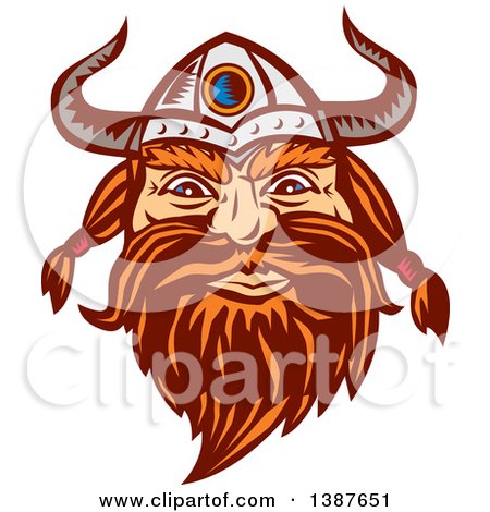Clipart of a Retro Woodcut Male Viking Norseman Warrior Face with a Long Beard and Horned Helmet - Royalty Free Vector Illustration by patrimonio