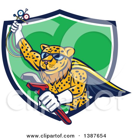 Clipart of a Cartoon Flying Super Leopard Refrigeration and Air Conditioning Mechanic Holding up a Pressure Temperature Gauge and a Monkey Wrench, Emerging from a Blue White and Green Shield - Royalty Free Vector Illustration by patrimonio