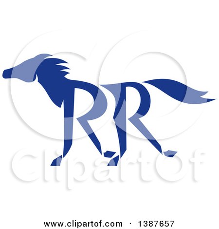 Clipart of a Retro Silhouetted Blue Running Horse with Double RR Legs - Royalty Free Vector Illustration by patrimonio