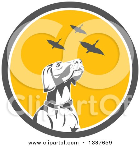 Clipart of a Retro Pointer Hunting Dog Looking up at Flying Geese in a Gray White and Yellow Circle - Royalty Free Vector Illustration by patrimonio