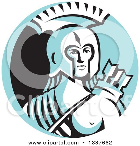 Clipart of a Retro Female Spartan Warrior Archer in a Blue White and Black Circle - Royalty Free Vector Illustration by patrimonio