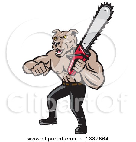Clipart of a Cartoon Muscular Lumberjack or Arborist Dog Man Holding a Chainsaw - Royalty Free Vector Illustration by patrimonio