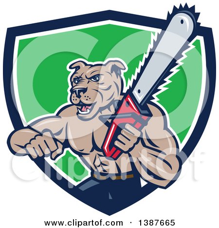 Clipart of a Cartoon Muscular Lumberjack or Arborist Dog Man Holding a Chainsaw and Emerging from a Blue White and Green Shield - Royalty Free Vector Illustration by patrimonio