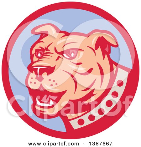 Clipart of a Retro Blue Guard Dog in a Red and Purple Circle - Royalty Free Vector Illustration by patrimonio
