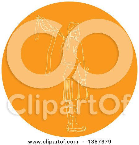 Clipart of a Sketched Scotsman Soldier Bagpiper in an Orange Circle - Royalty Free Vector Illustration by patrimonio