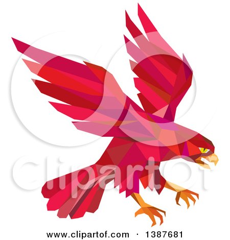 Clipart of a Retro Geometric Red Low Poly Peregrine Falcon Swooping for Prey - Royalty Free Vector Illustration by patrimonio