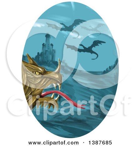 Clipart of a Watercolor Styled Dragon Head Against a Castle and Flying Dragons in an Oval - Royalty Free Vector Illustration by patrimonio
