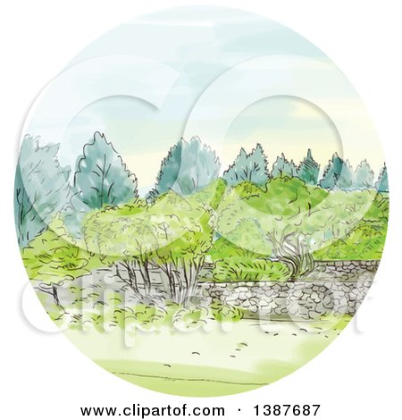 Clipart of a Watercolor Styled Cornwall Park Landscape in a Circle - Royalty Free Vector Illustration by patrimonio
