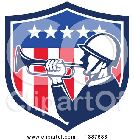 Clipart of a Retro Bugler Soldier in an American Flag Shield - Royalty Free Vector Illustration by patrimonio