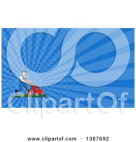Clipart of a Retro Cartoon White Man Pushing a Tough Red Lawn Mower Mascot and Blue Rays Background or Business Card Design - Royalty Free Illustration by patrimonio